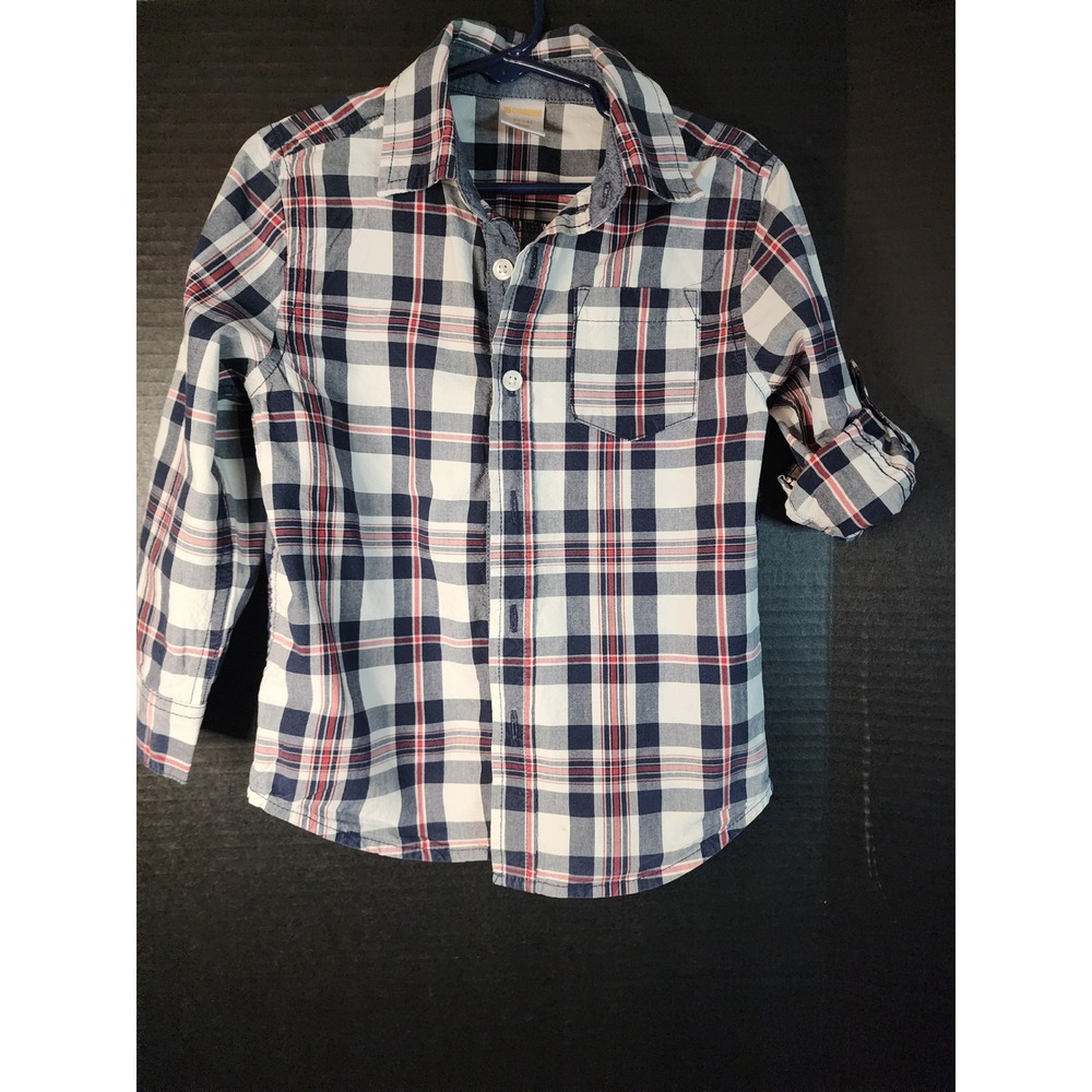 Gymboree Boys Plaid Button Down Shirt XS 4 Navy White Red Cotton Roll Sleeve